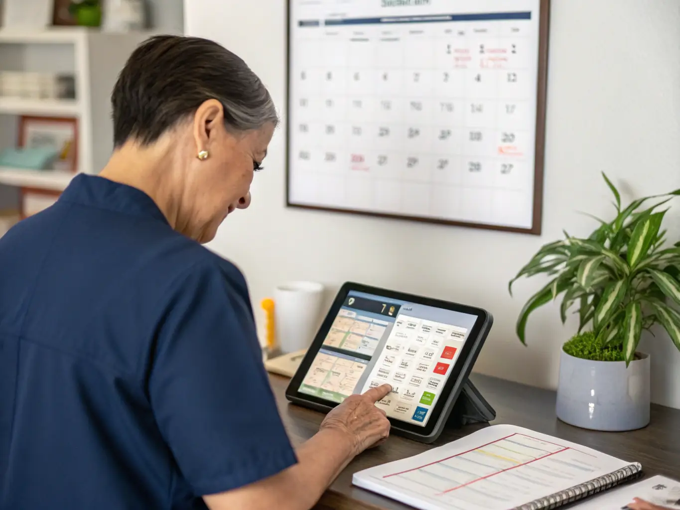 A caregiver scheduling activities for a senior using the AcompanhAI app on a smartphone. The screen shows a calendar with planned events and reminders.