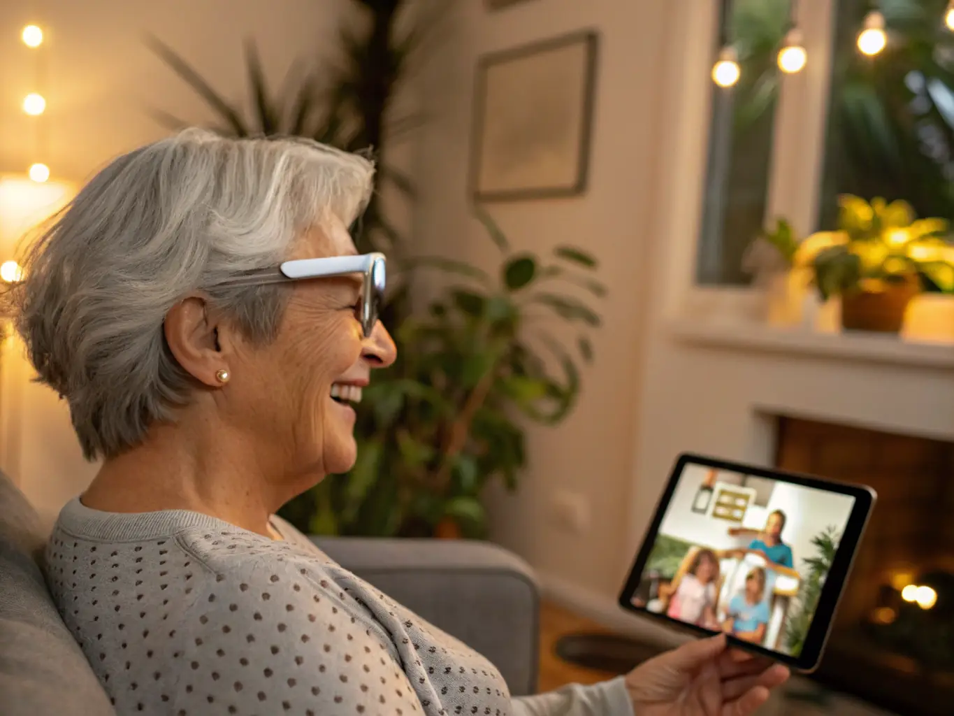 A heartwarming image showing a family member video calling their elderly parent through the AcompanhAI app, both smiling and engaged in a lively conversation.