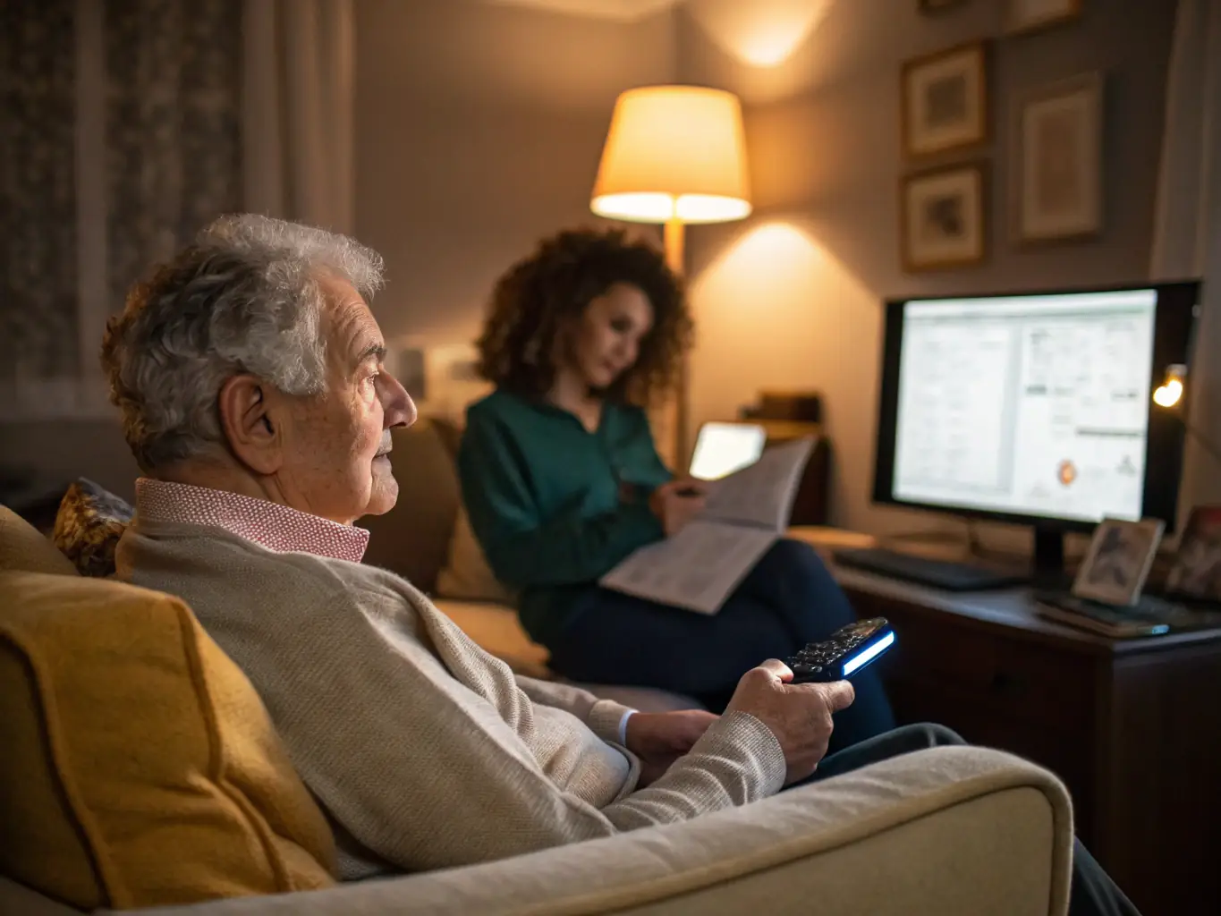 A caregiver using the AcompanhAI mobile app on a tablet, reviewing real-time monitoring data of a senior's activity levels in a home setting. The interface displays key metrics and alerts.