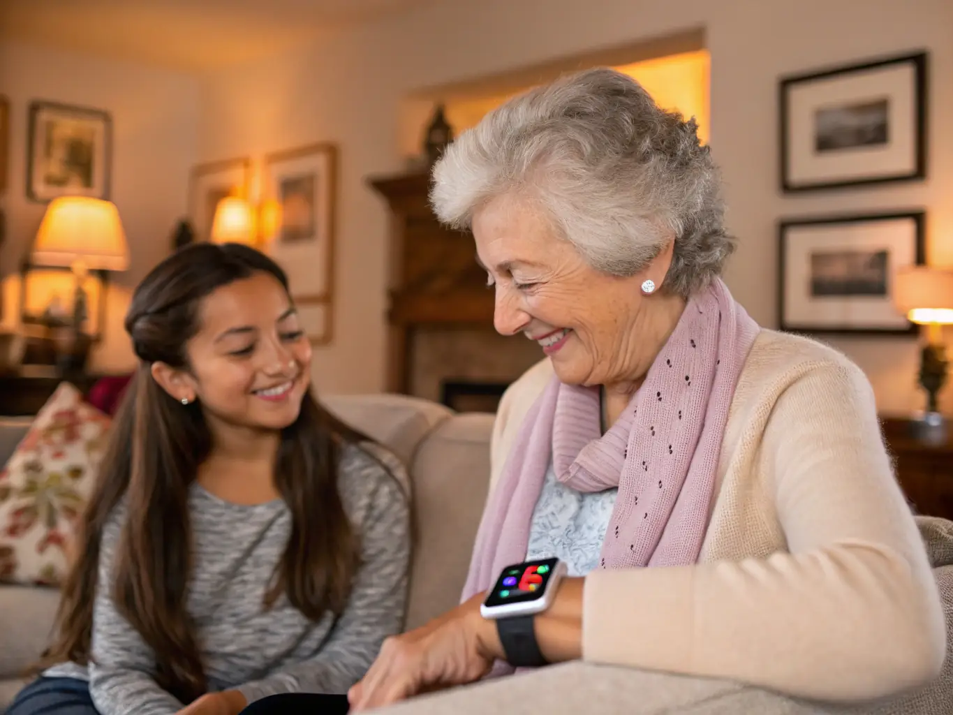A serene image of an elderly person wearing a discreet monitoring device, with a family member looking on with reassurance and gratitude.